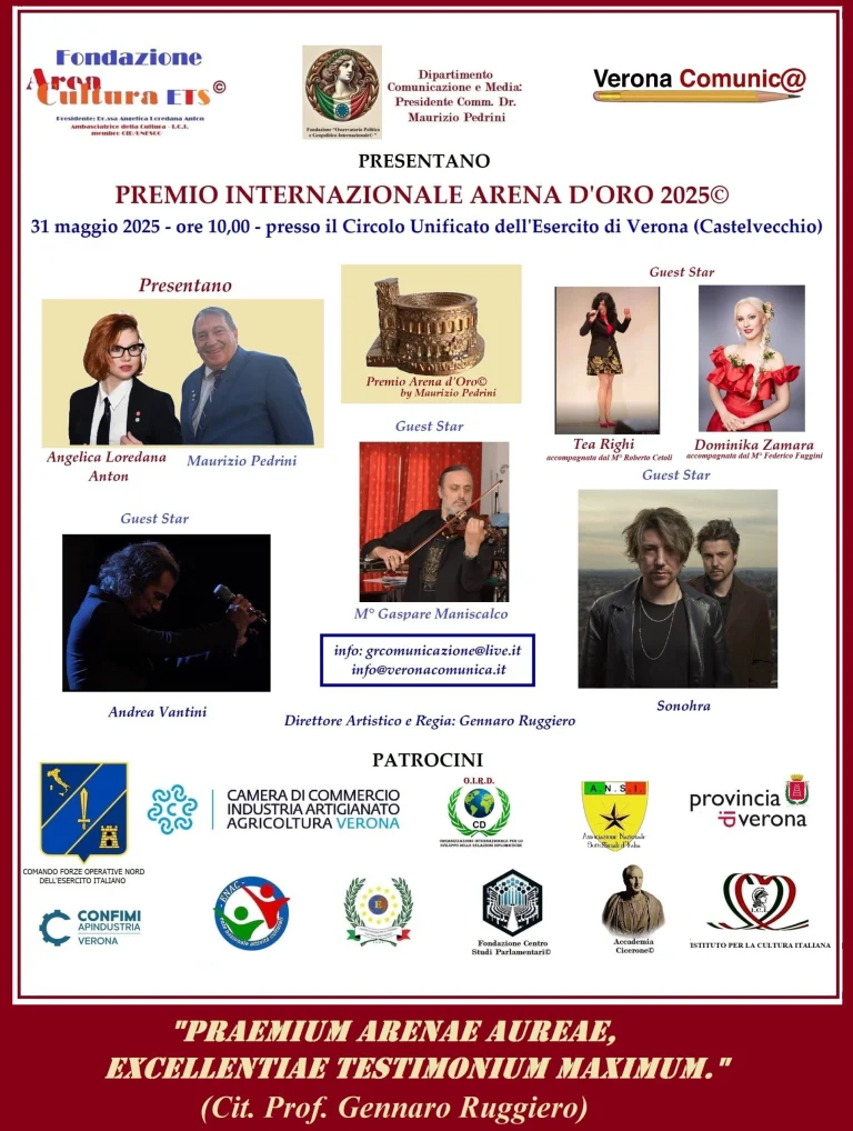 A Verona il Premio Internazionale “Arena d’Oro” 2025 il 31 maggio