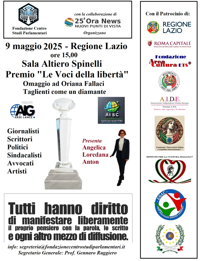 9 maggio 2025 alla Regione Lazio, si premiano “Le Voci della Libertà” – Omaggio a Oriana Fallaci